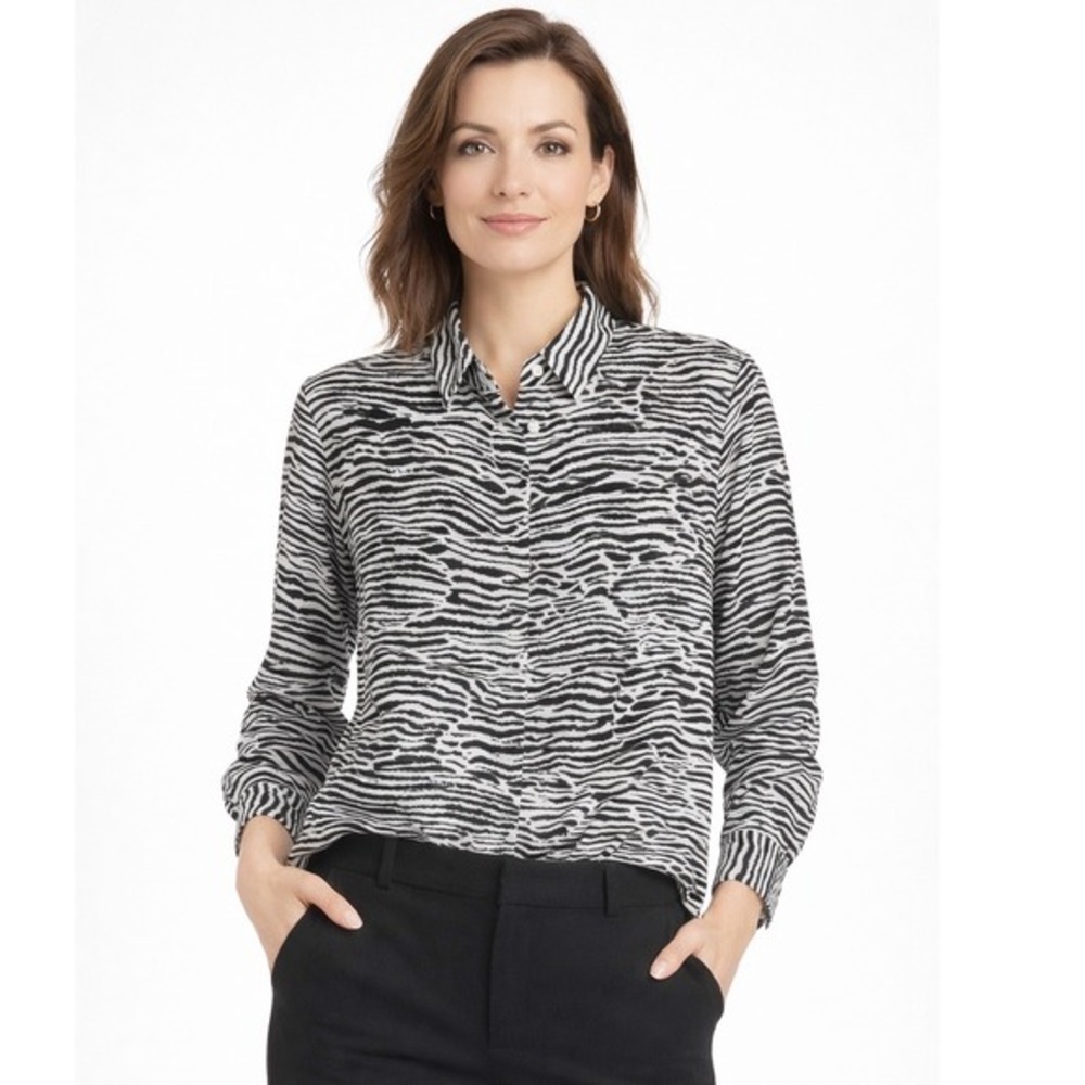 H&M Zebra Print Button Down Shirt Blouse Black White Long Sleeve 12 Preppy 54-15